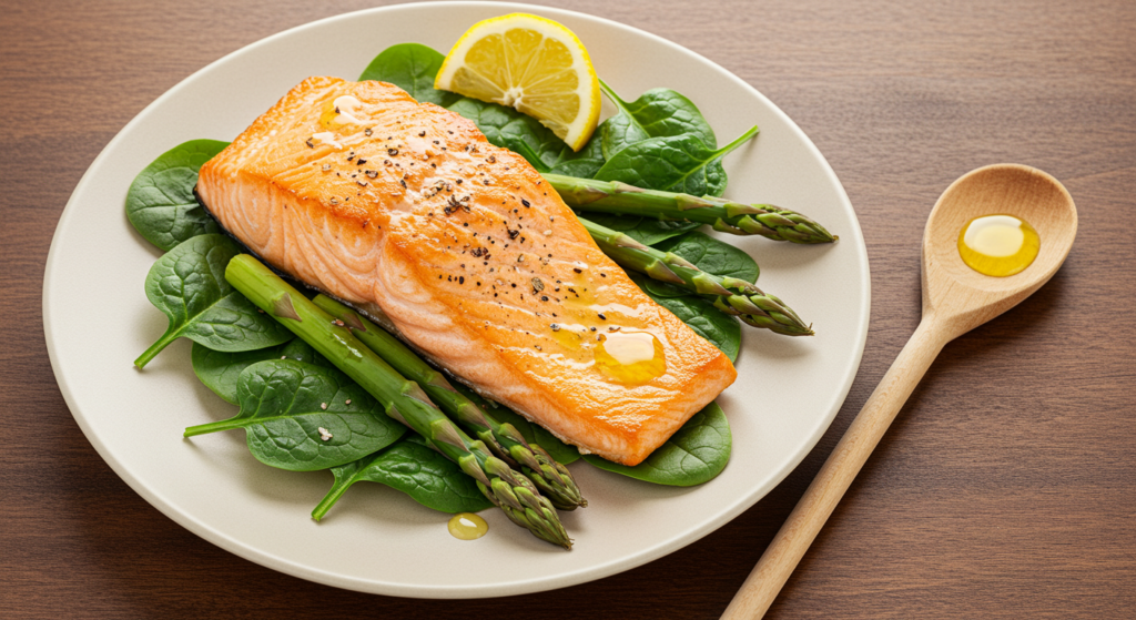 "Perfectly baked sockeye salmon with lemon slices and fresh herbs on a baking sheet"