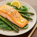 "Perfectly baked sockeye salmon with lemon slices and fresh herbs on a baking sheet"