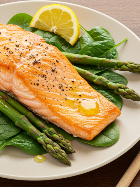 "Perfectly baked sockeye salmon with lemon slices and fresh herbs on a baking sheet"