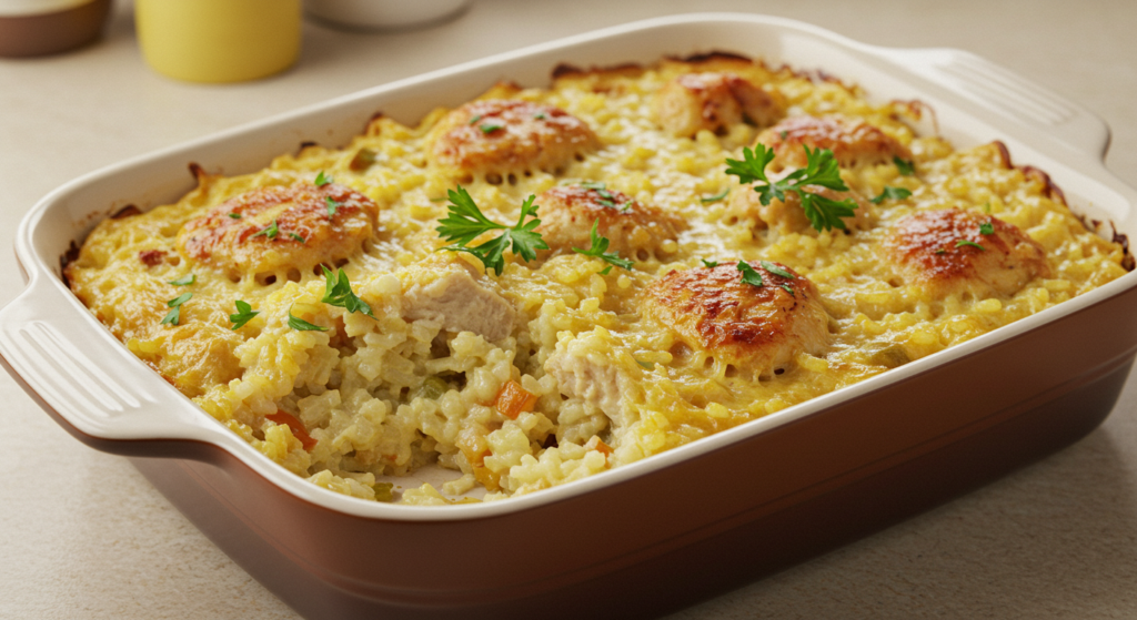 "Cheesy and creamy chicken and rice casserole topped with fresh herbs"