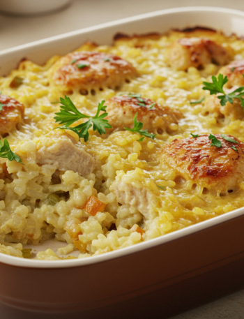 "Cheesy and creamy chicken and rice casserole topped with fresh herbs"