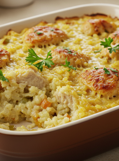 "Cheesy and creamy chicken and rice casserole topped with fresh herbs"