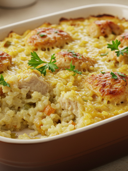 "Cheesy and creamy chicken and rice casserole topped with fresh herbs"