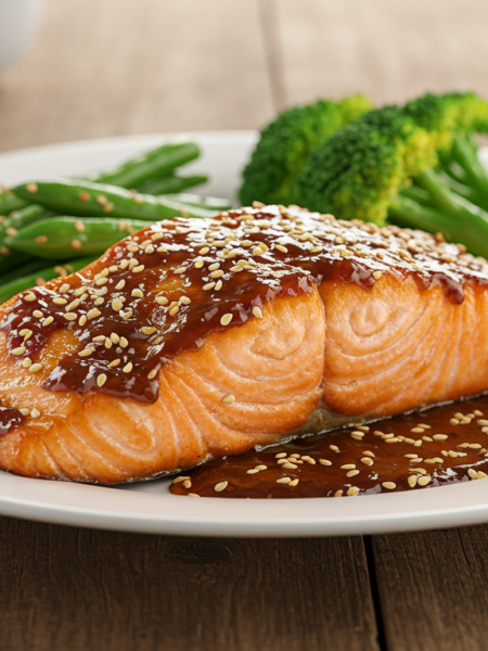 "Perfectly baked miso-glazed salmon fillet with sesame seeds and green onions on a plate"