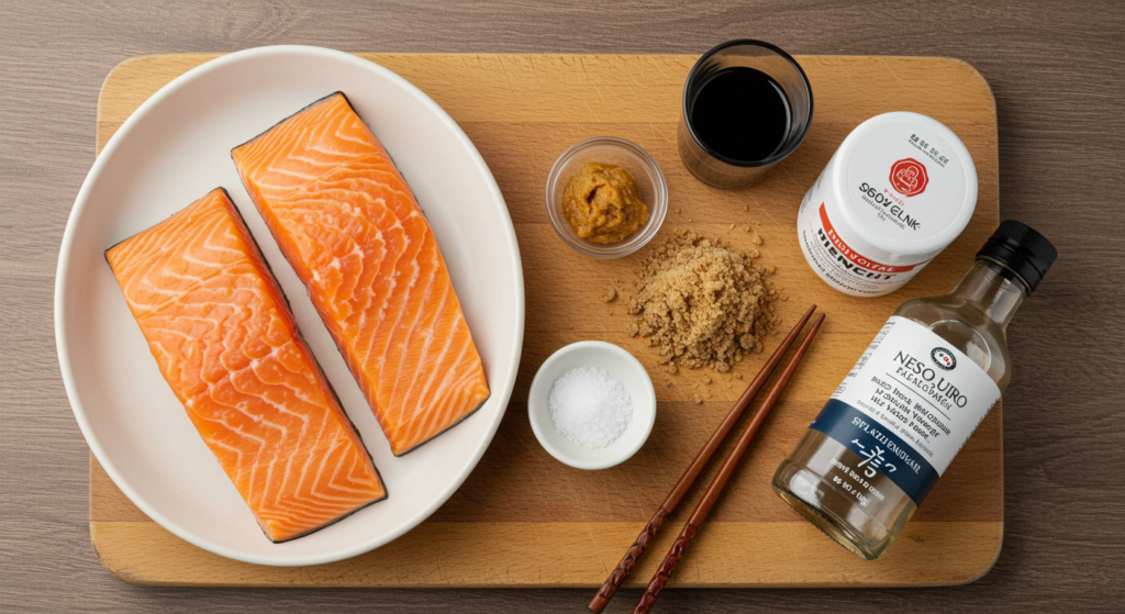 "Flaky salmon fillet coated in a rich miso glaze, fresh from the oven."
