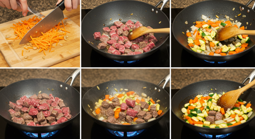 A sizzling pan of beef stir-fry with colorful vegetables and a savory sauce."
