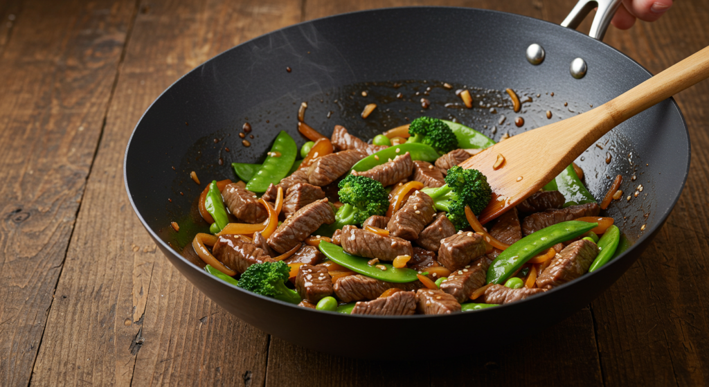 A delicious beef and vegetable stir-fry served in a bowl, garnished with sesame seeds."