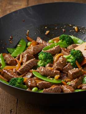 A delicious beef and vegetable stir-fry served in a bowl, garnished with sesame seeds."