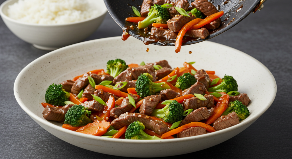 "Tender beef slices stir-fried with bell peppers, onions, and soy sauce."
