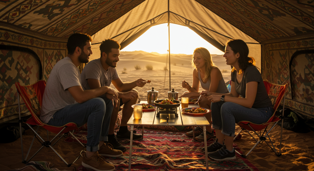 "Friends Enjoying Delicious Stir-Fry Beef by the Campfire