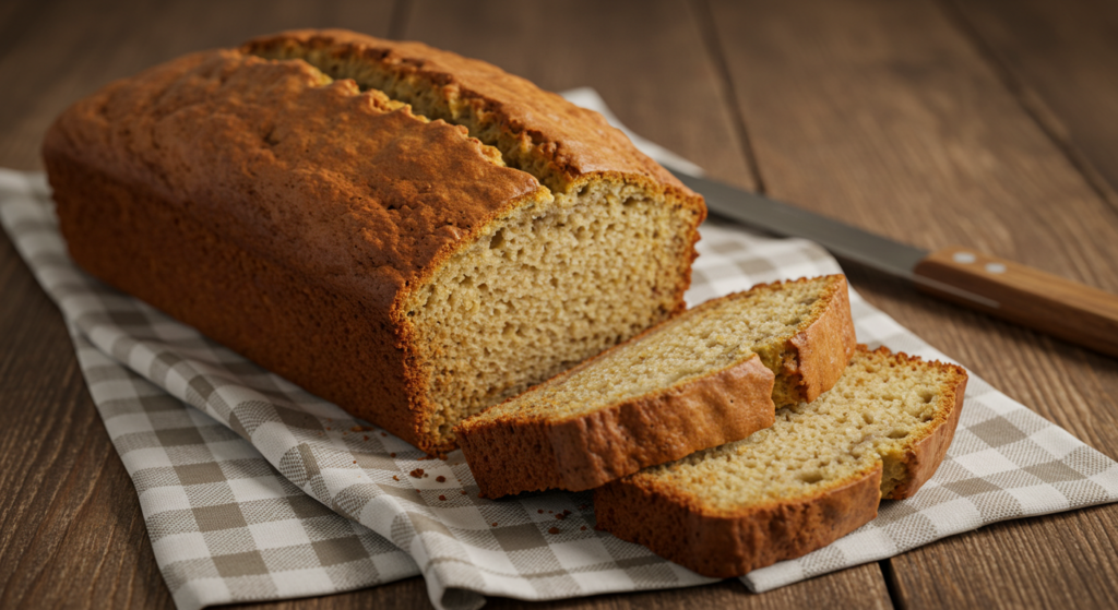 "A freshly baked loaf of banana bread with a golden-brown crust, sliced and ready to serve."