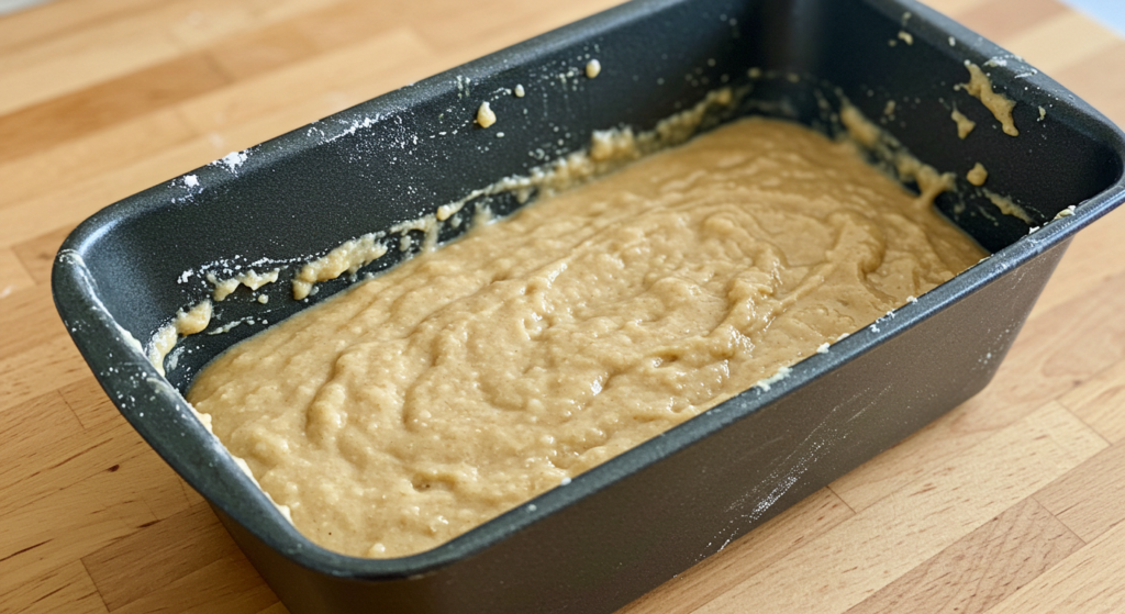 "A fresh loaf of banana bread cooling on a wire rack."