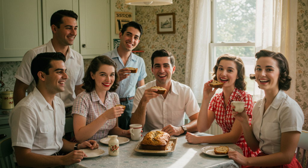 A group of friends in the 1950s enjoying homemade banana bread at a cozy gathering.