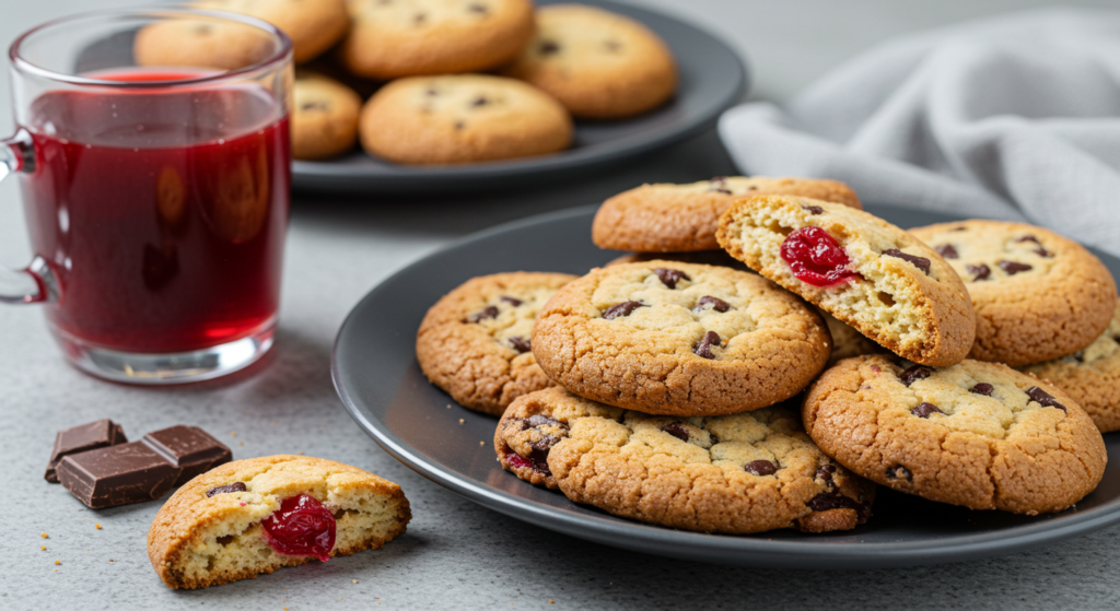 Freshly baked cherry cookies cake on a white plate
