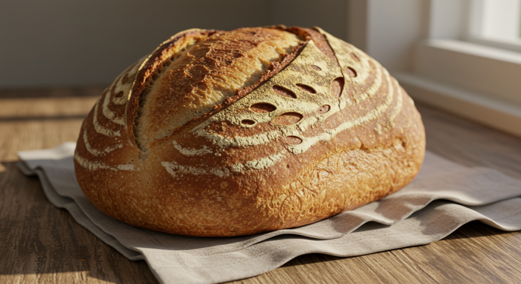 "Rustic sourdough loaf with a crispy crust and airy crumb."
