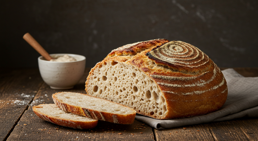 "Golden-crusted homemade sourdough bread fresh out of the oven."
