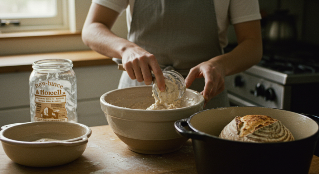 "Freshly baked sourdough bread resting on a wooden cutting board."
