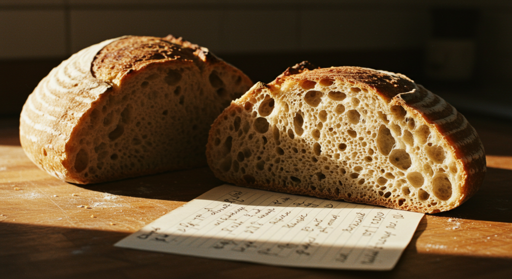 "Crusty sourdough loaf with a beautiful scoring pattern on top."
