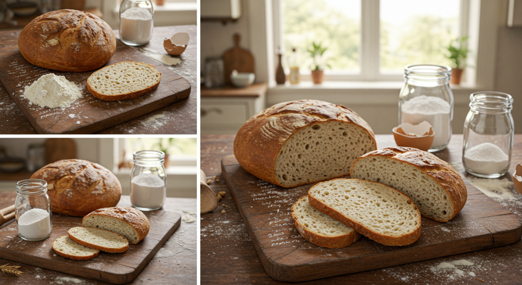 "Artisan sourdough bread sliced open, revealing its soft interior."
