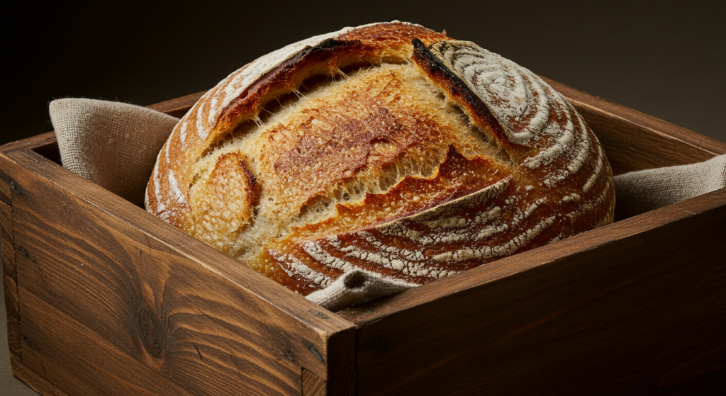 "Artisan sourdough bread sliced to reveal its light, fluffy texture."