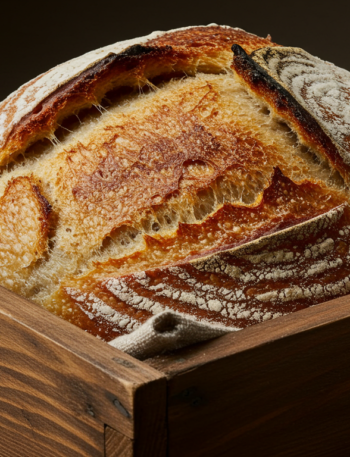 "Artisan sourdough bread sliced to reveal its light, fluffy texture."