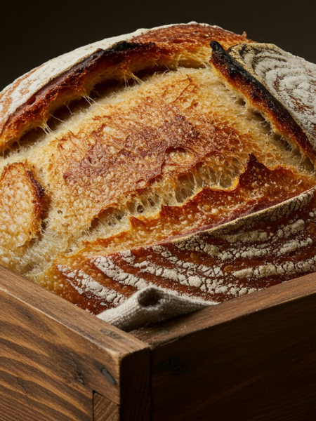 "Artisan sourdough bread sliced to reveal its light, fluffy texture."