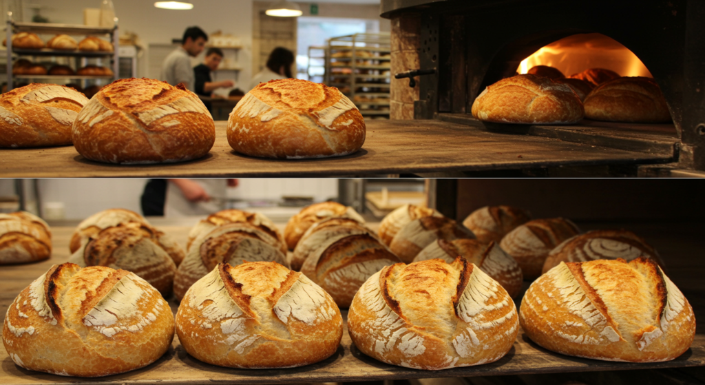 "A slice of homemade sourdough bread topped with butter and jam."
