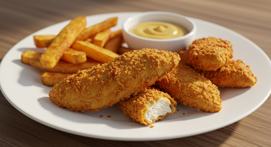 Crispy golden-brown chicken tenders fresh from the fryer.