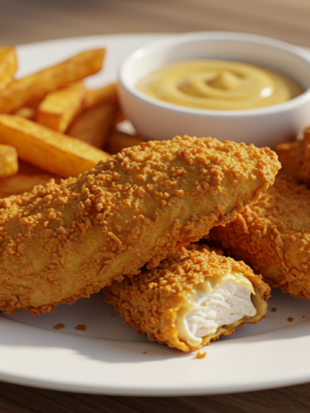 Crispy golden-brown chicken tenders fresh from the fryer.