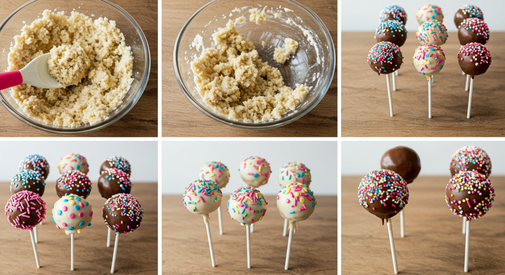 "A batch of freshly made cake pops standing upright in a display holder."