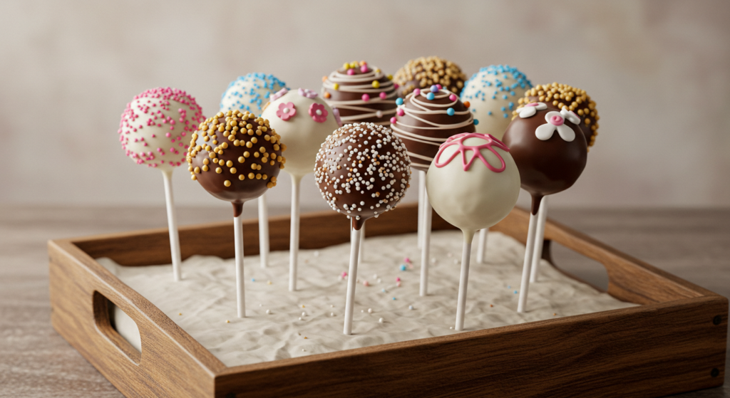 homemade cake pops decorated with sprinkles and chocolate drizzle."