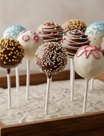 homemade cake pops decorated with sprinkles and chocolate drizzle."