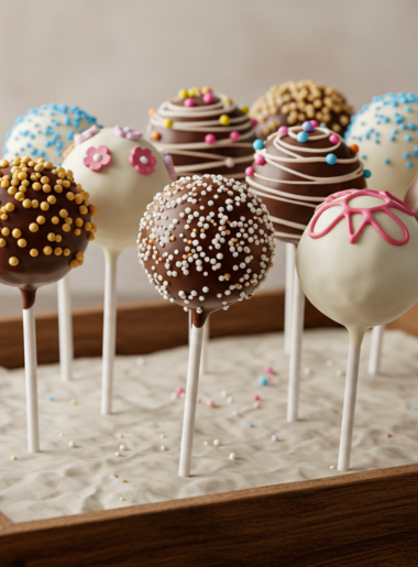 homemade cake pops decorated with sprinkles and chocolate drizzle."