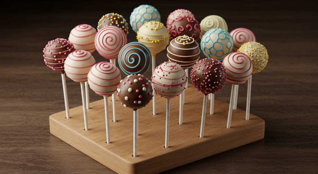 "Delicious homemade cake pops dipped in chocolate and decorated with sprinkles."