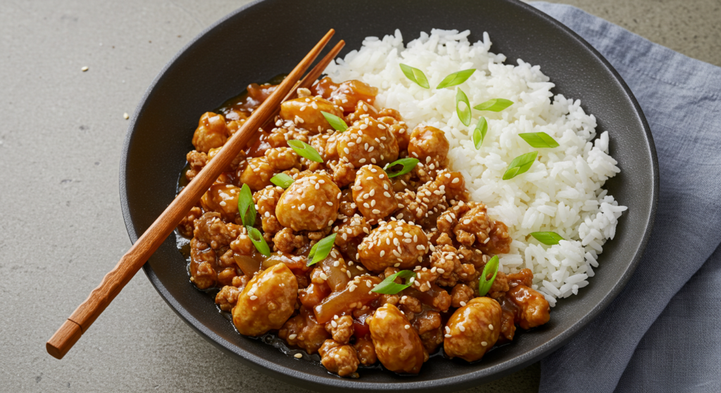 Sesame ground chicken served with steamed white rice and chopsticks
