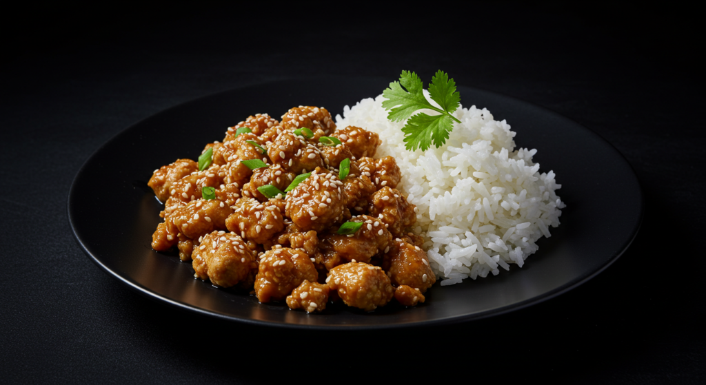 A bowl of sesame ground chicken with sesame seeds and green onions