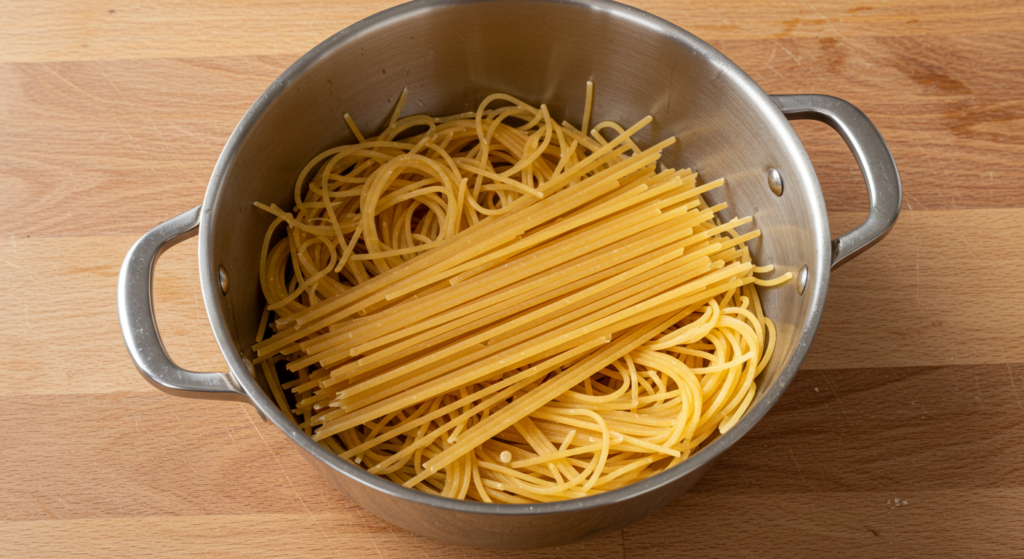 Gourmet chicken spaghetti served in a cozy kitchen setting.
