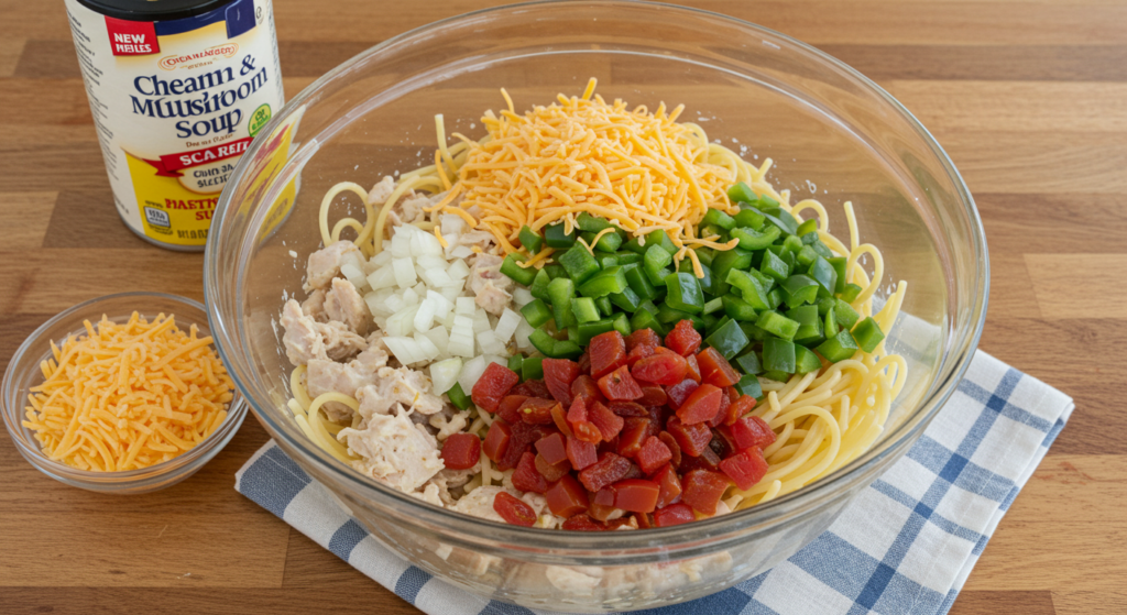 A vibrant plate of chicken spaghetti perfect for dinner.
