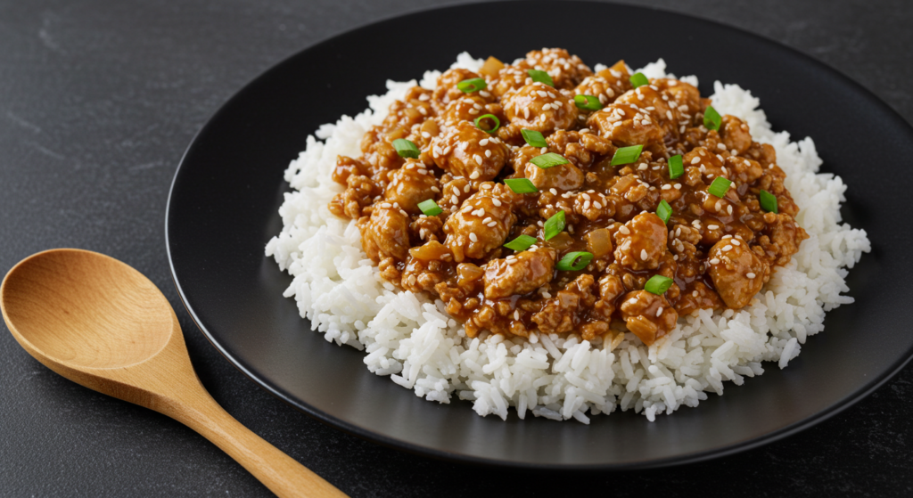 A healthy sesame ground chicken meal served with steamed broccoli
