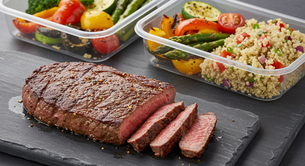 Seasoned steak strips with sautéed onions and peppers, accompanied by tortillas."