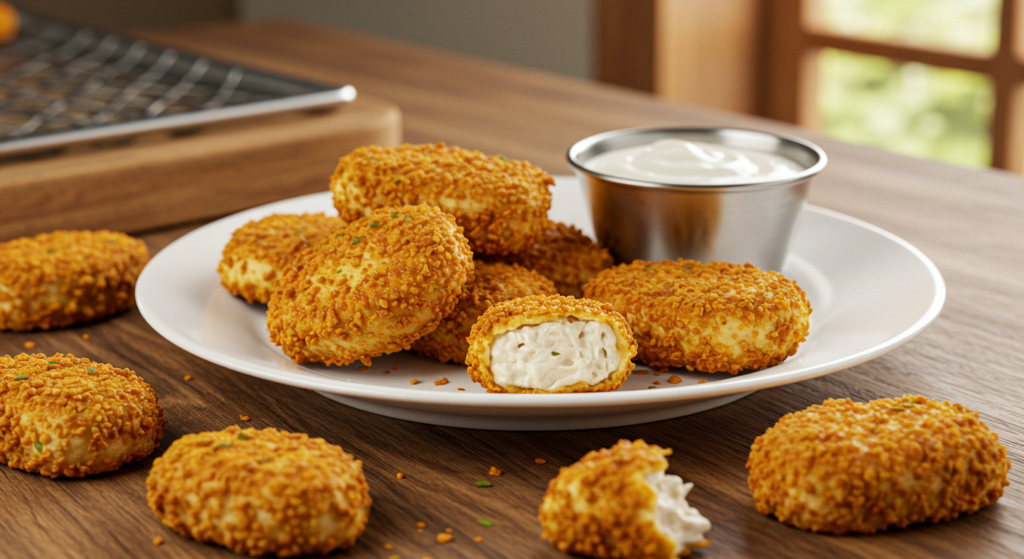 "Easy homemade chicken nuggets with a flavorful, crunchy crust."
