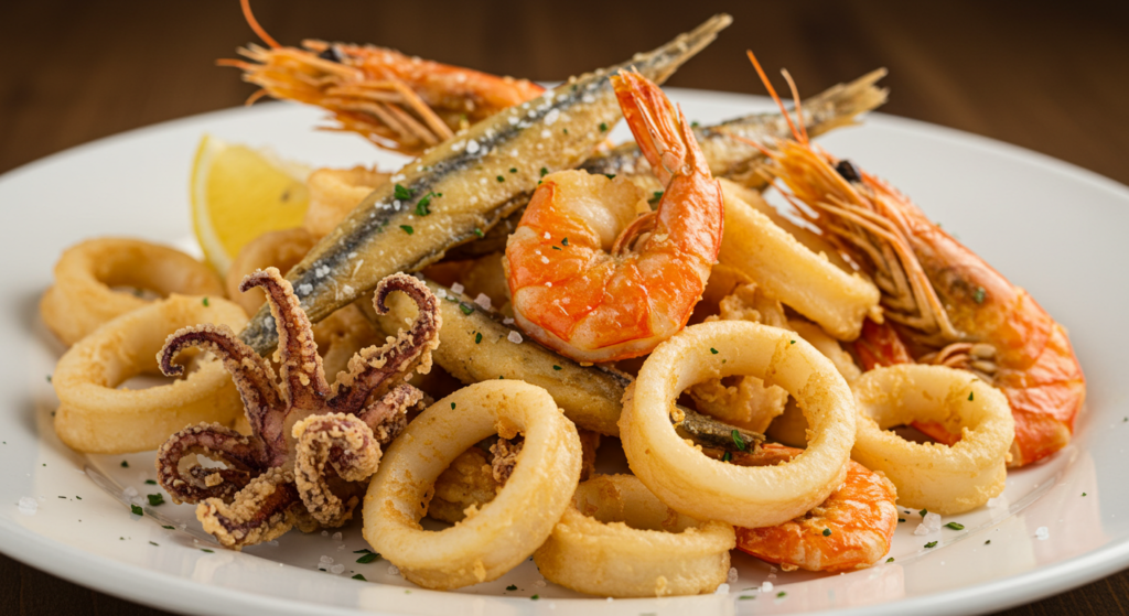 "Golden-brown Moroccan fried fish fillets garnished with fresh herbs."
