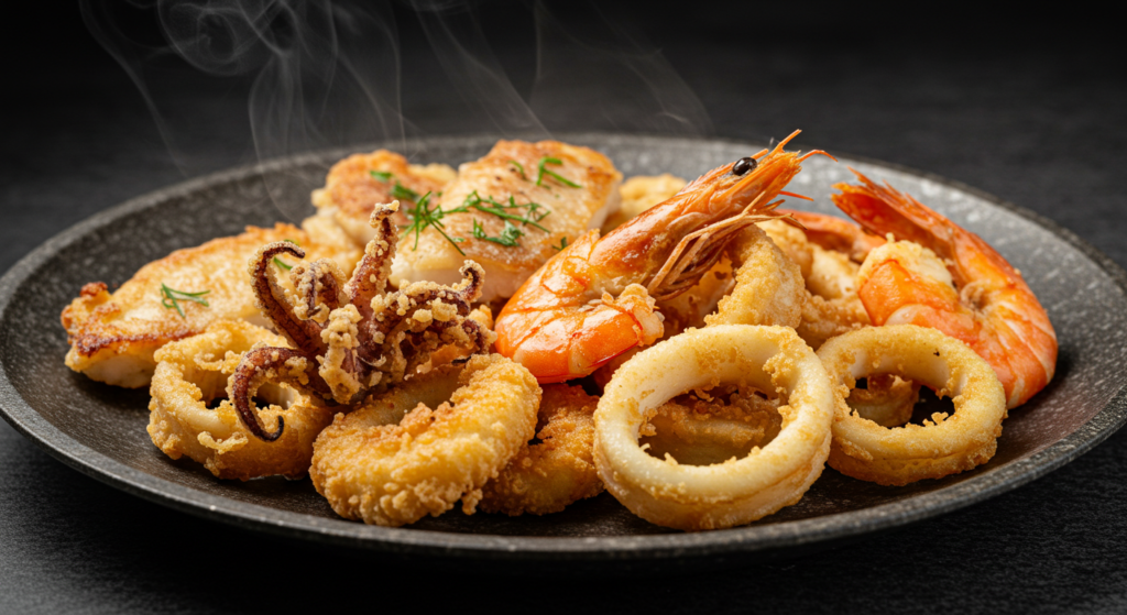 "Plate of Moroccan-style crispy fried fish with a side of couscous."