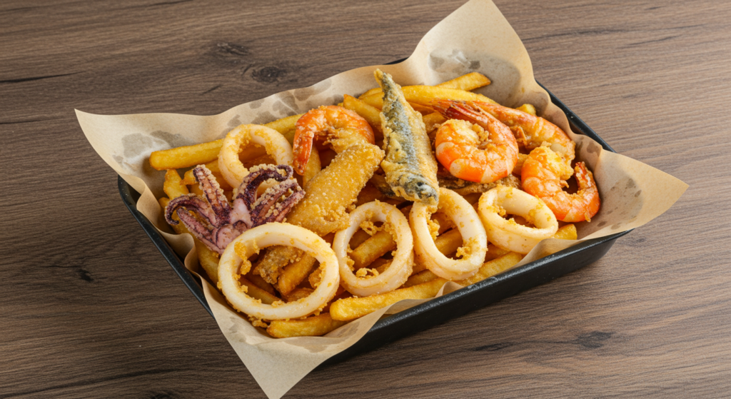 "Traditional Moroccan fried fish accompanied by aromatic herbs."
