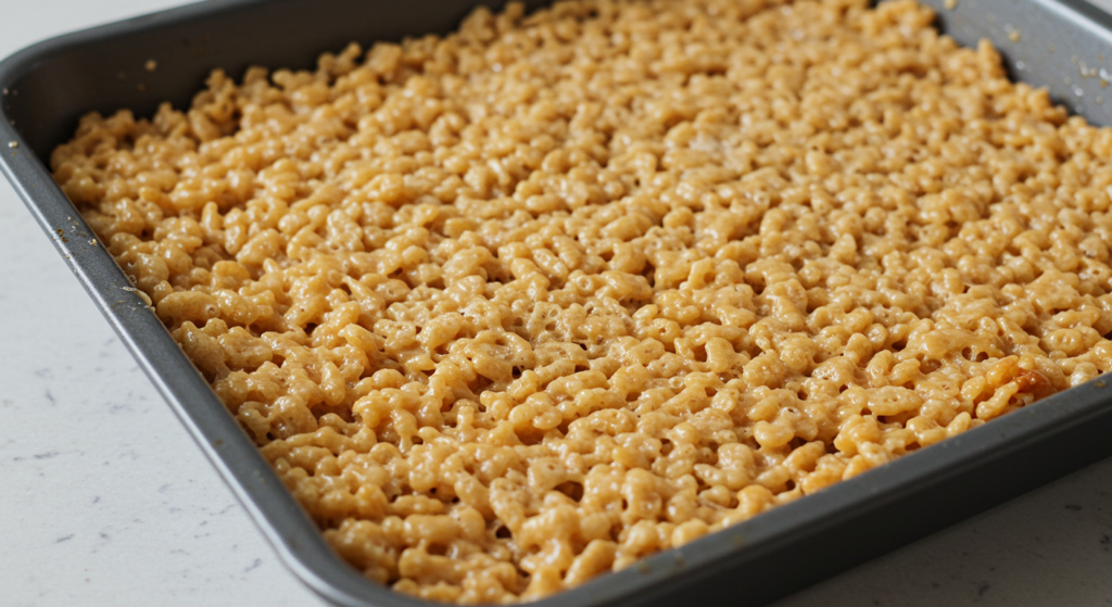 Golden crispy Rice Krispie treats cut into squares
