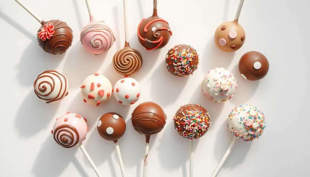 "Perfectly round cake balls on sticks, coated in glossy chocolate."
