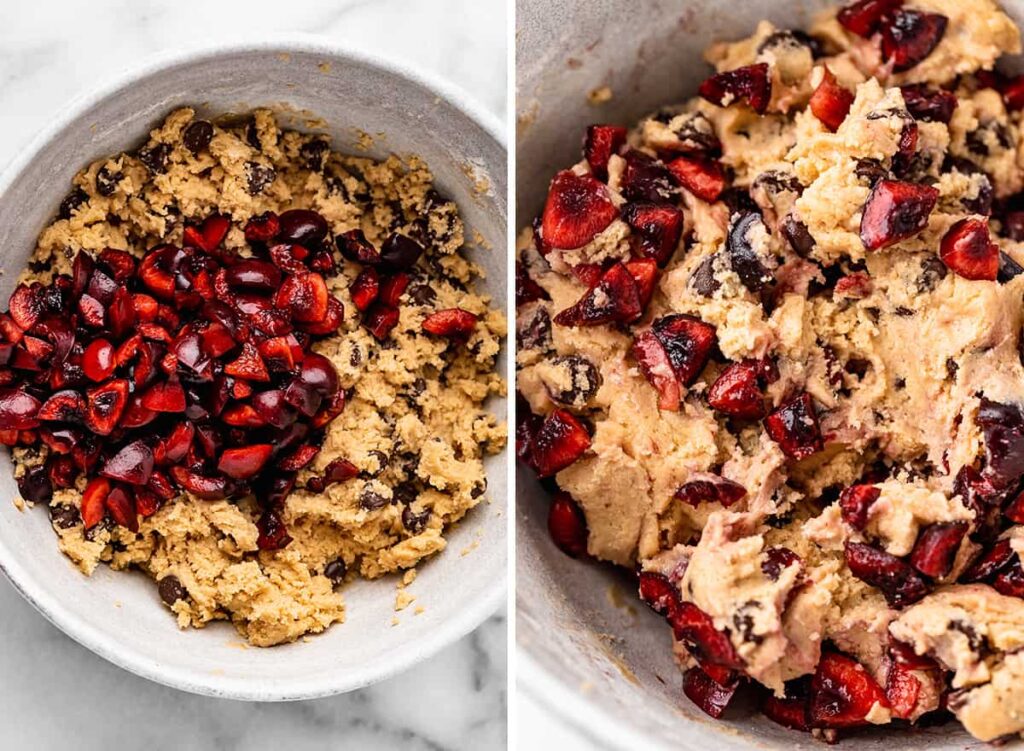 Freshly baked cherry cookies cake with golden edges.