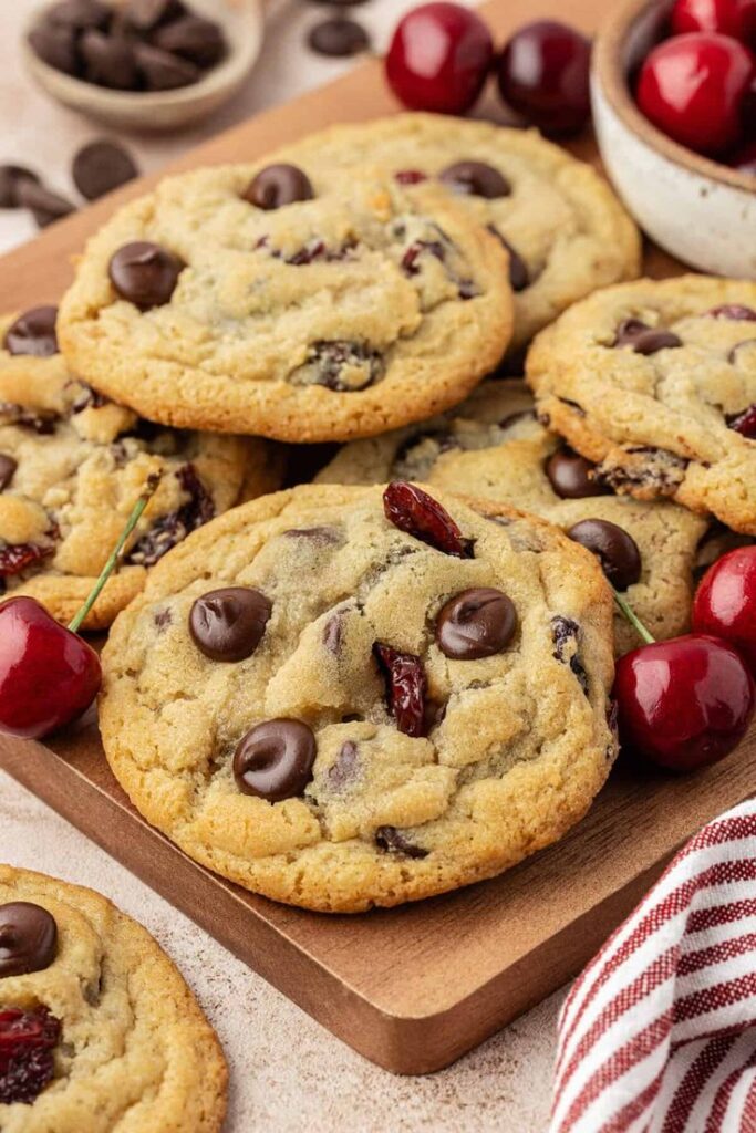 Moist and chewy cherry cookies cake topped with cherries.