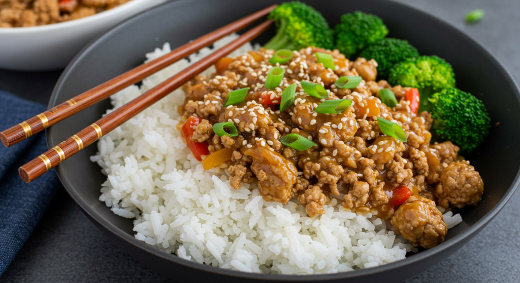 Sesame ground chicken stir-fried in a pan with a glossy sauce