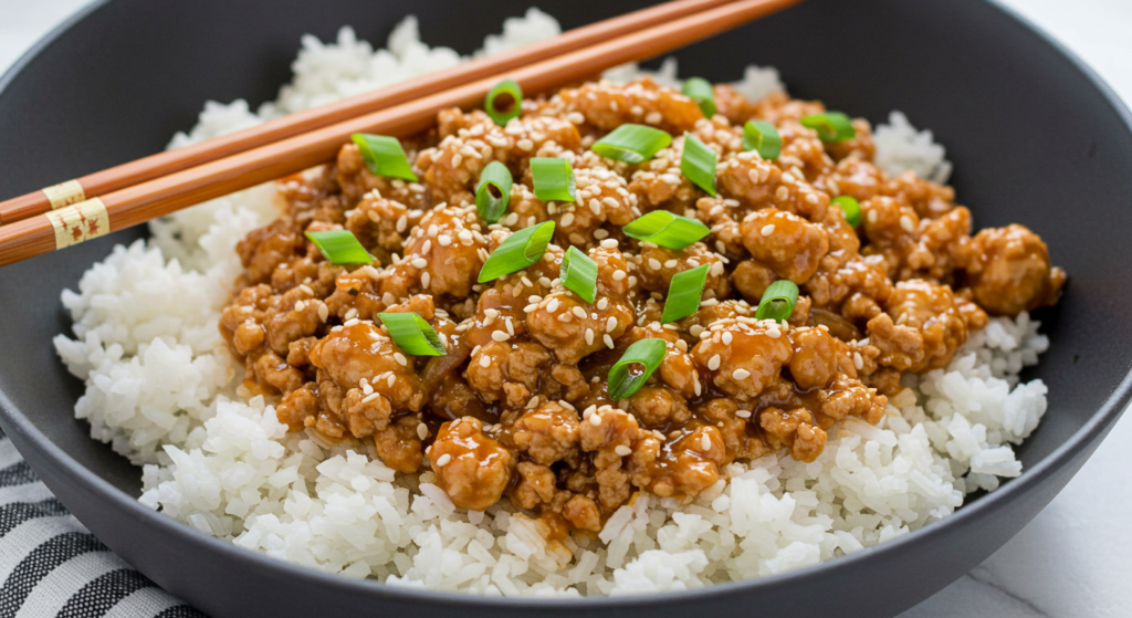 Close-up of sesame ground chicken garnished with green onions
